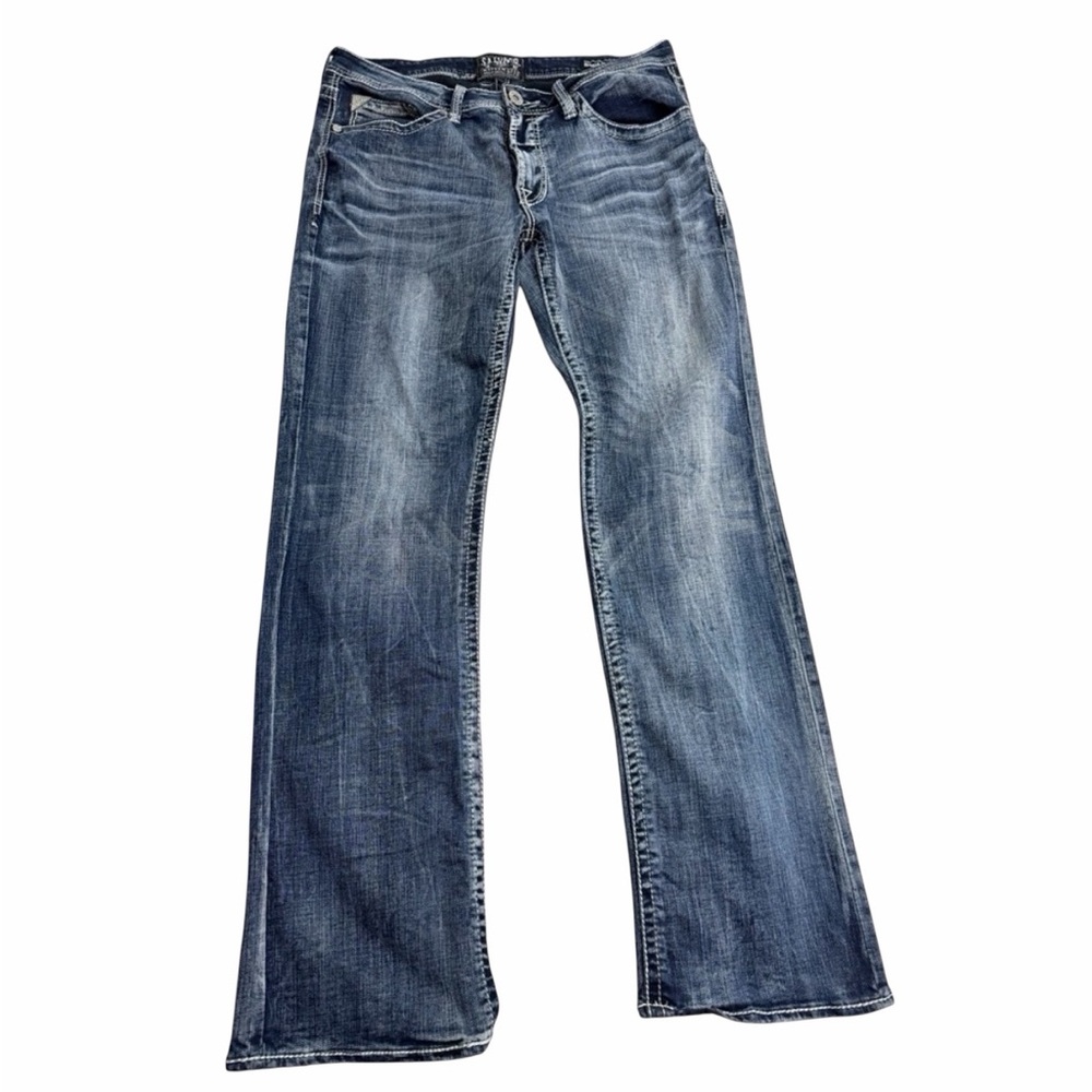 Buckle Salvage Mayhem Bootcut Jeans Mens 34 Blue Distressed Thick Stitch